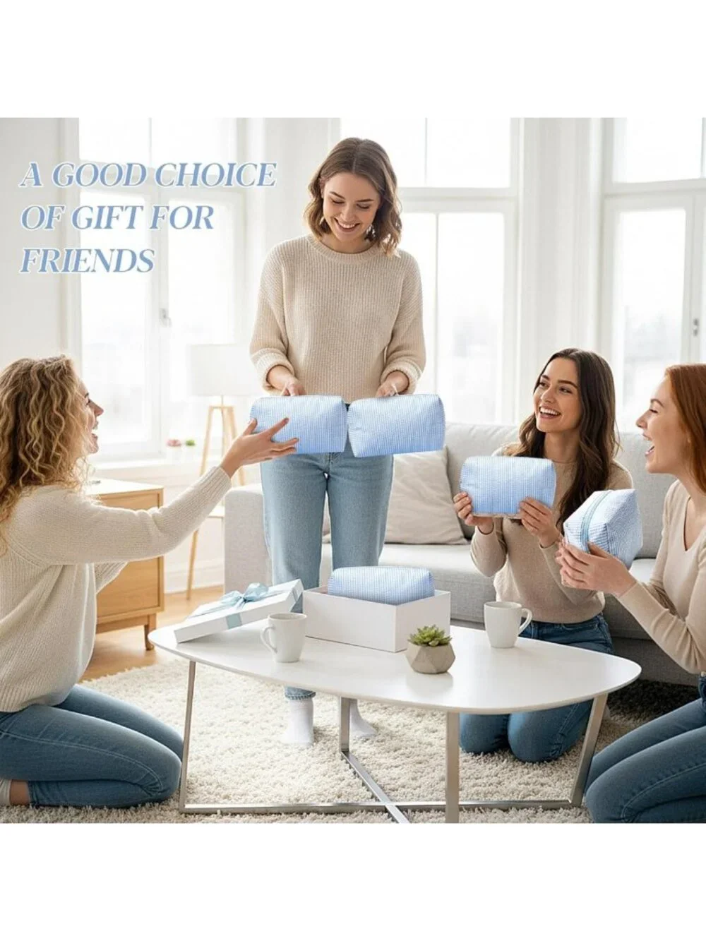 12 Pcs Light Blue Striped Seersucker Cosmetic Bags Set - Zippered Travel
